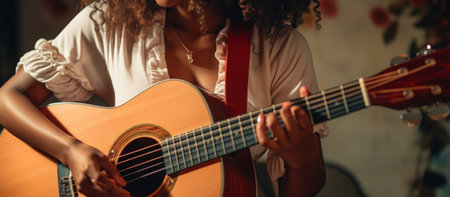 Cropped a curly young woman guitarist enjoy playing guitar in homeの素材