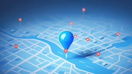 Digital blue pin marks location on blue world map. 3D renderingの素材