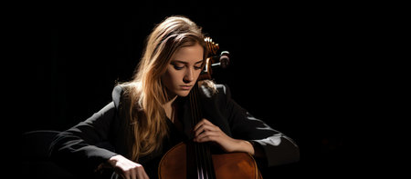 A pretty young woman playing her cello of classical instrument on black backgroundの素材