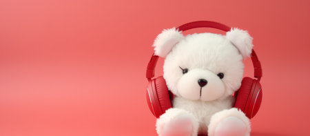 Headphone on teddy bear. 3d render isolated on pink background.の素材