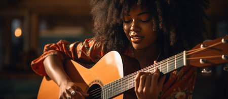 Cropped a curly young woman guitarist enjoy playing guitar in homeの素材