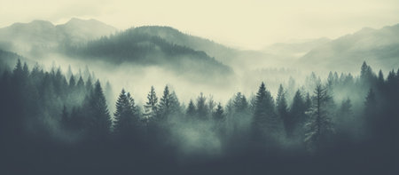 Foggy mountain misty landscape with deep fir forest at morning sceneryの素材