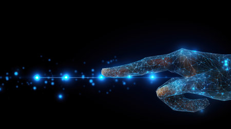 Robot arm hand touch gesture in the form points and lines digital constellation.の素材