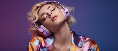Portrait beautiful young woman stylish casual outfit listening music with wireless headphonesの素材