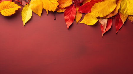 Colorful autumn leaves over a rustic dark background.の素材