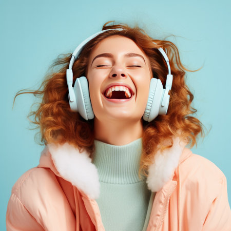 Portrait happy young woman stylish outfit listening music with wireless headphones isolated blueの素材