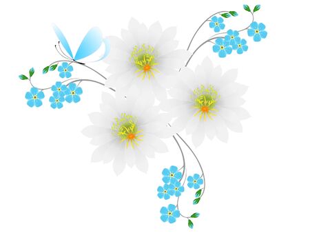 Background with a white and blue flowers and a butterfly.のイラスト素材