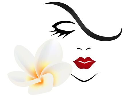 Face of a girl with flower frangipani (Plumeria) on a white background.のイラスト素材