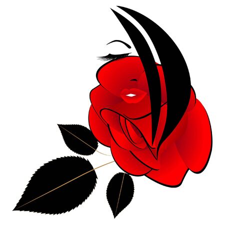 Abstract portrait of a girl with a red rose and black leaves.のイラスト素材