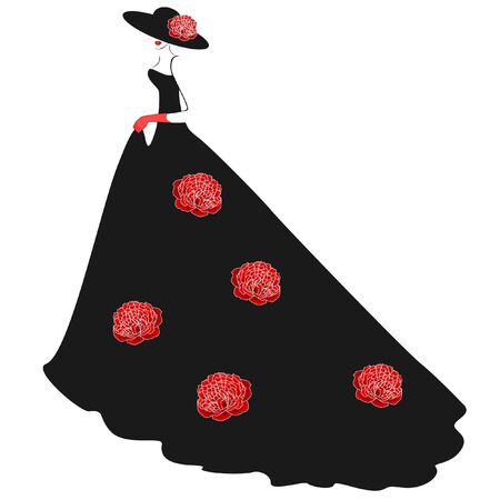 A girl in a hat and a long black dress with red peonies.のイラスト素材