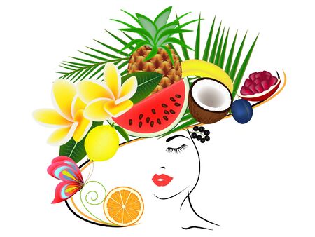 A girl in a hat with summer fruits on her head.のイラスト素材