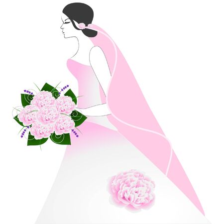 The bride in a wedding dress with a veil and a bouquet of pink peonies.のイラスト素材