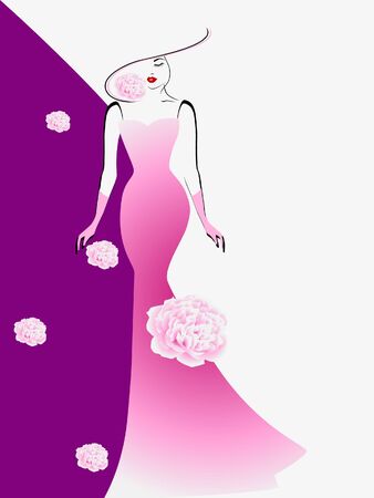 A woman in a long pink dress and hat on a background with peonies.のイラスト素材