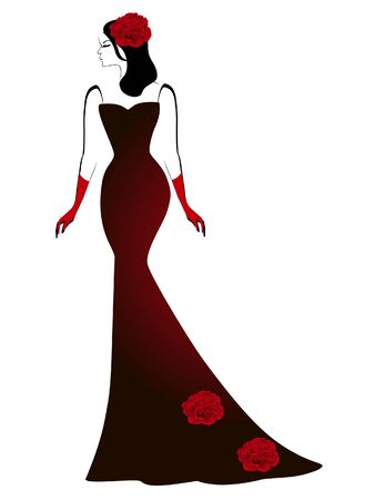 A girl in a long black dress with red peony flowers.のイラスト素材