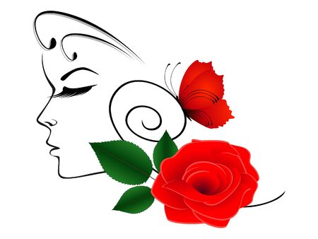 Abstract portrait of a girl in profile with a red rose and a butterfly.のイラスト素材