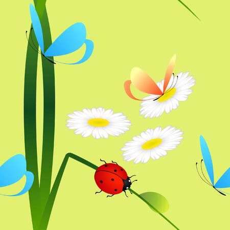 Seamless pattern with ladybug on grass, butterflies and daisies on a green background.のイラスト素材