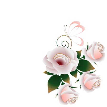 Floral background with tea roses, leaves and butterfly.のイラスト素材