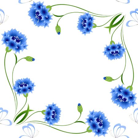 Blue cornflowers with butterflies on a white background, seamless pattern.のイラスト素材