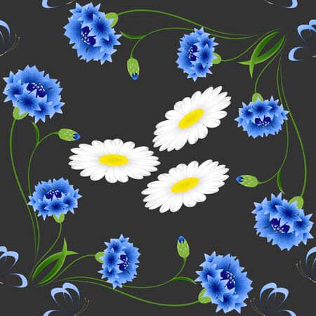 Blue cornflowers with butterflies and chamomiles on a black background, seamless pattern.のイラスト素材