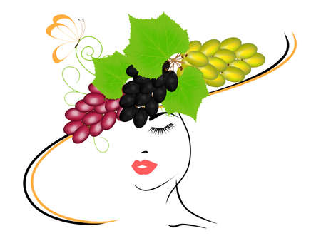 Girl in a hat with grapes and a butterfly.のイラスト素材