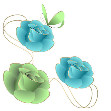 Corner composition with roses and butterfly isolated on white background.のイラスト素材