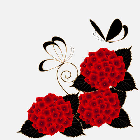Floral background with blooming red hydrangeas and butterflies.のイラスト素材