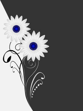 Illustration of a black and white floral background with chamomiles flowers.のイラスト素材