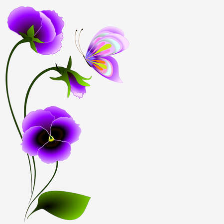 Floral background with a bouquet of pansy flowers and butterfly.のイラスト素材