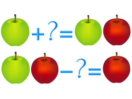 Action relationship of addition and subtraction, examples with apples. Educational games for children.のイラスト素材