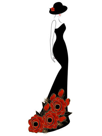 Woman in black dress and hat with red roses.のイラスト素材