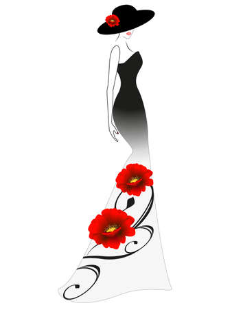 A woman in a long dress and hat with red flower.のイラスト素材