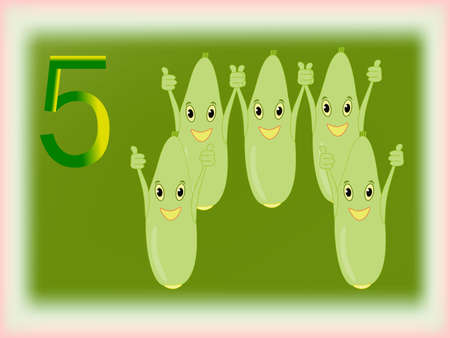 Illustrated flash card showing the number five, zucchini.のイラスト素材