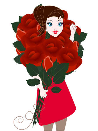 A girl holding a large bouquet of roses.のイラスト素材