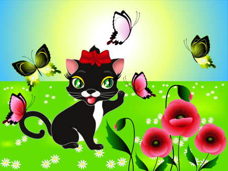 Cute kitten playing with butterflies in the meadow.のイラスト素材