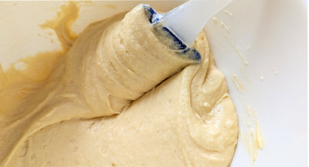 Cupcake batter mixed with silicone spatula in white bowl