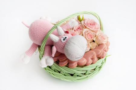 Gift basket with flowers and toysの写真素材