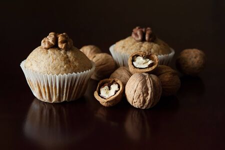 Beautiful cupcakes with pumpkin and walnutsの写真素材