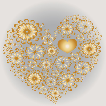 Golden heart-shaped pattern postcard with abstract flowers in golden colors on gray backgroundのイラスト素材