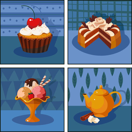 set of colorful pictures with dessert: cake, ice cream, tea, sugar, cinnamonのイラスト素材
