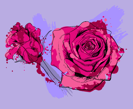 two red roses in watercolor with paint smudgesのイラスト素材