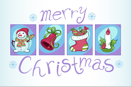 set of colorful Christmas images: snowman, sock with gifts, bell and candleのイラスト素材