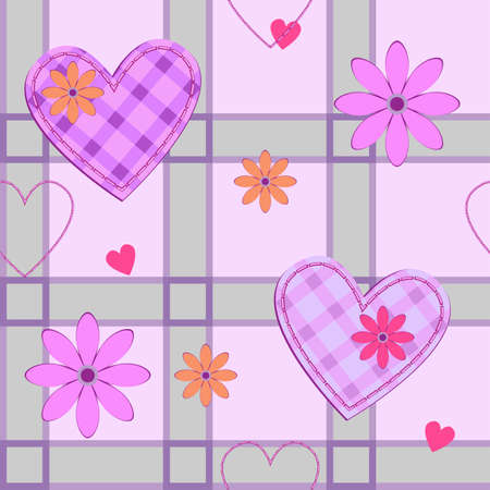 seamless pattern with hearts, flowers and checked patternのイラスト素材