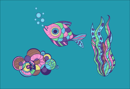 colorful set of sea life objects in cartoon styleのイラスト素材