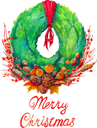 Christmas wreath with decoration christmas tree cones berries apples and tangerinesのイラスト素材