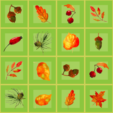 seamless pattern of autumn elements in square green backgroundのイラスト素材