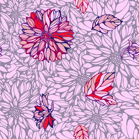 seamless pattern with pink and grey dahlia and leavesのイラスト素材