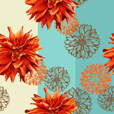 seamless colorful pattern with georgina flowers and wide vertical stripesのイラスト素材