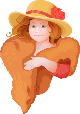 portrait of girl in retro style dressing with hat and fur in warm colorsのイラスト素材
