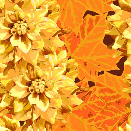 seamless pattern elemnt of dahlia flowers and maple leavesのイラスト素材