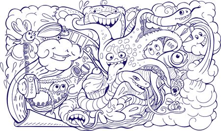 doodle of crazy sea-life creatures having funのイラスト素材